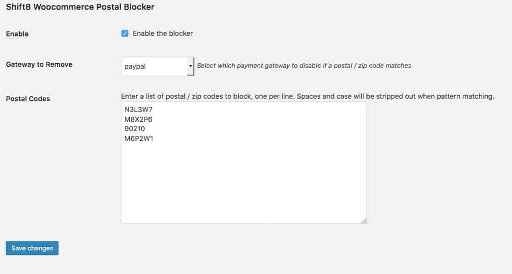 Shift8 Woocommerce Postal Code Blocker